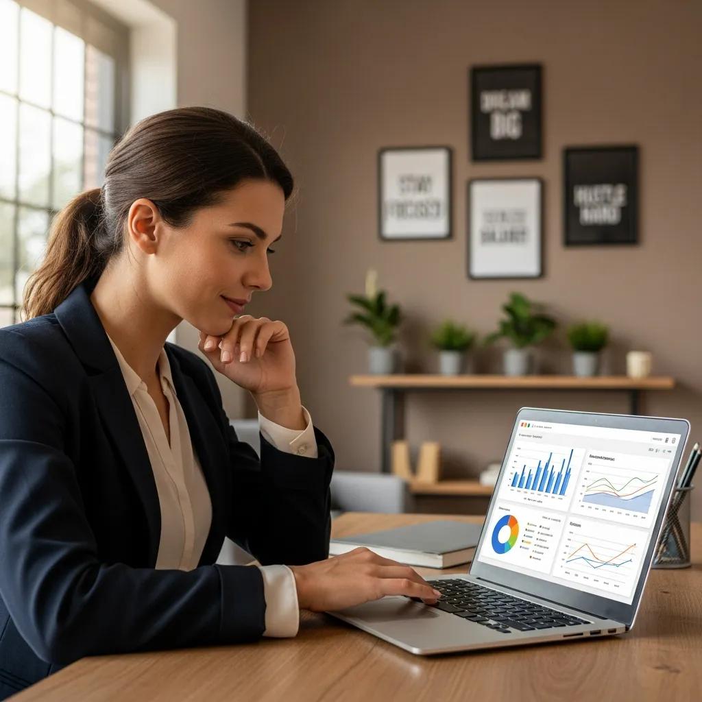 Businesswoman analyzing marketing analytics on a laptop, focused on performance metrics and data visualization in a modern office setting, highlighting the importance of digital marketing assessments.