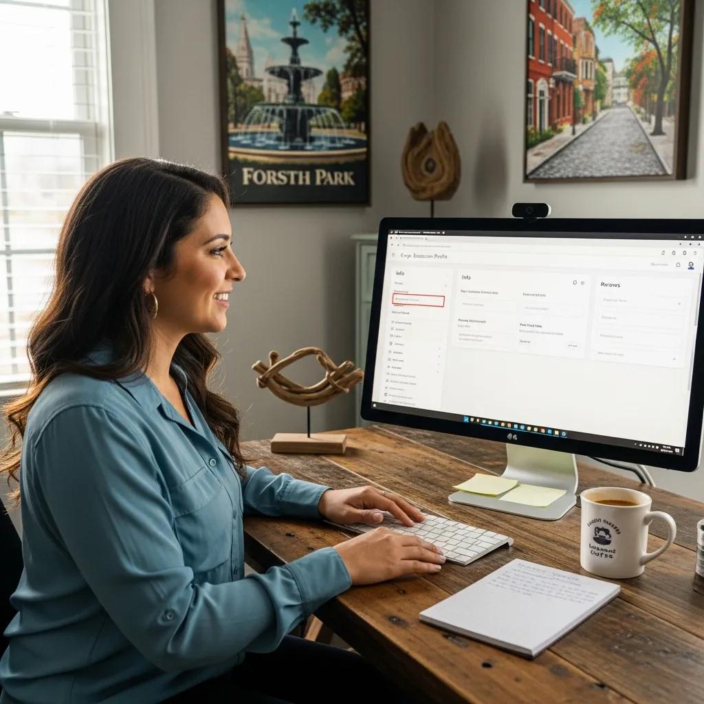 Woman optimizing Google Business Profile on computer in cozy Savannah office, showcasing local SEO strategies and business growth.