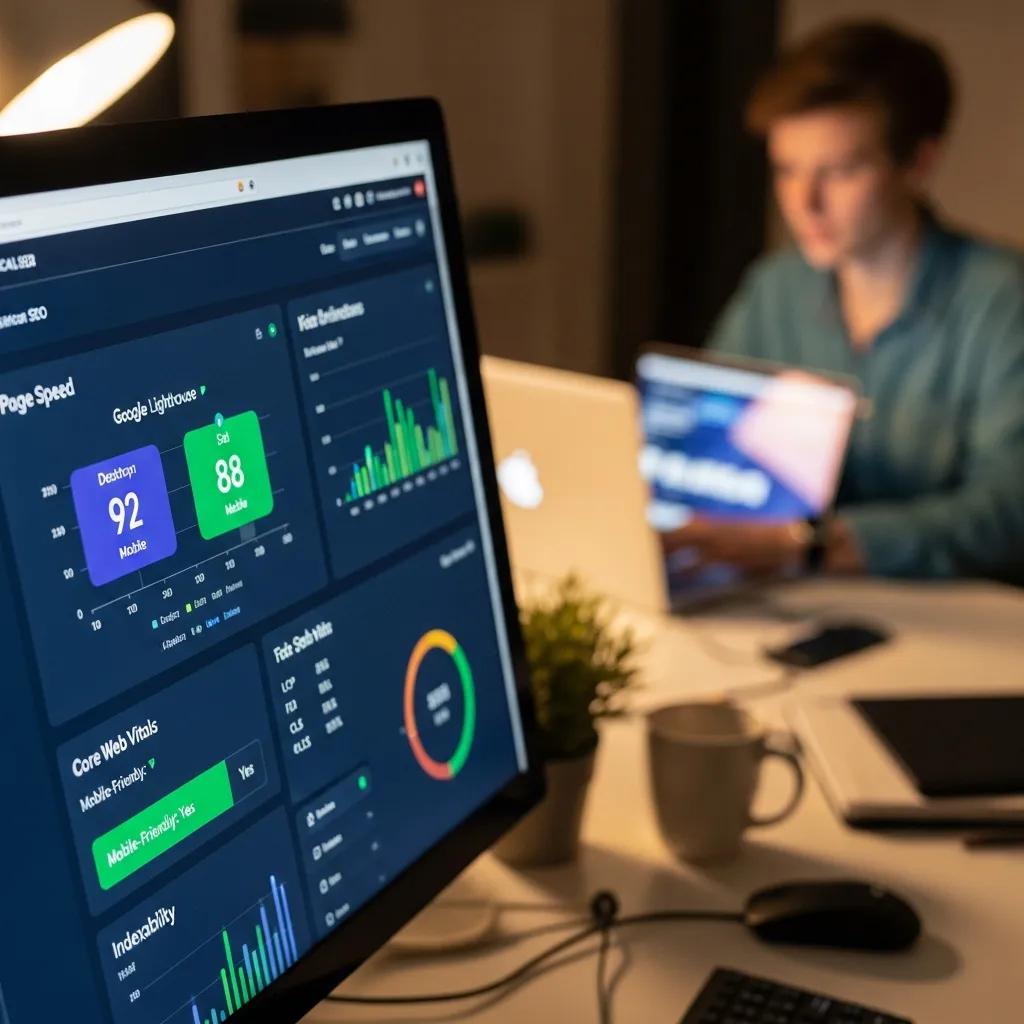 Computer screen displaying technical SEO metrics, including Page Speed scores for desktop and mobile, Core Web Vitals, and performance graphs, with a person working on a laptop in the background, illustrating effective on-page SEO techniques for improving website rankings.