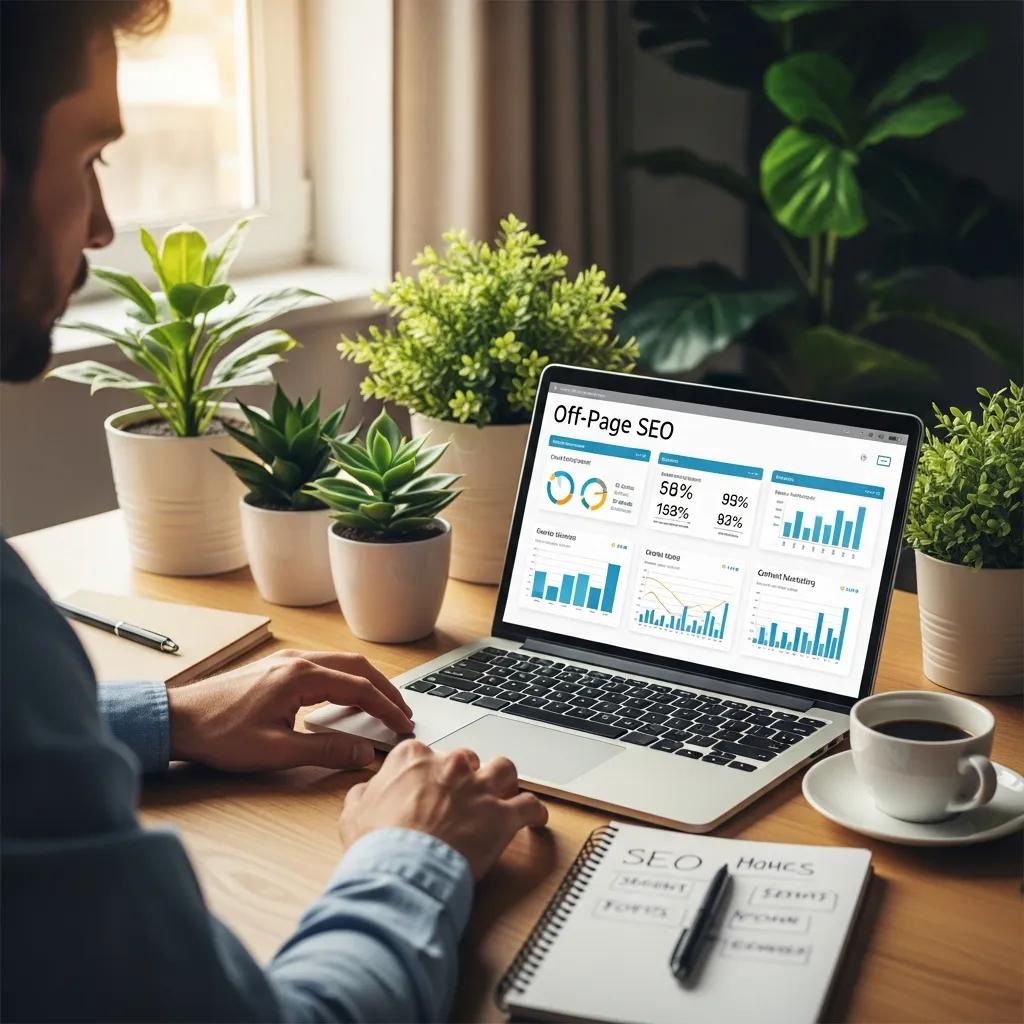 Person analyzing off-page SEO strategies on laptop with charts and graphs, surrounded by plants and a notebook, illustrating digital marketing insights for enhancing website authority.
