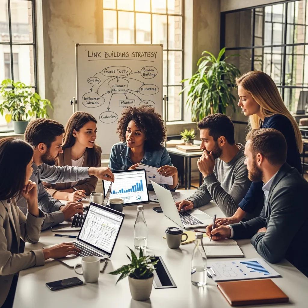 Diverse professionals collaborating on link building strategies in a modern workspace, analyzing data on laptops and discussing off-page SEO techniques.