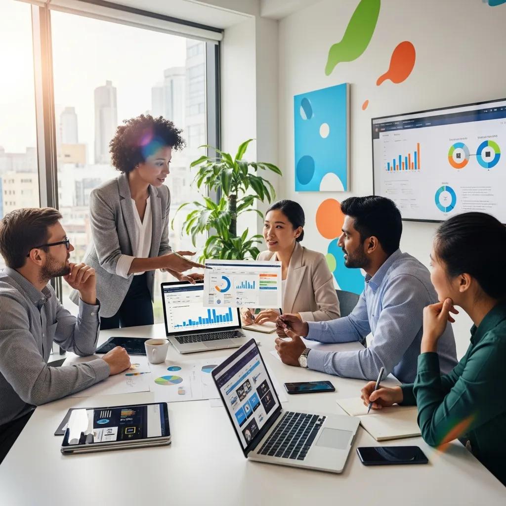 Group of professionals engaged in a digital marketing consultation, discussing strategies and analyzing data on laptops and screens, emphasizing collaboration and business growth.