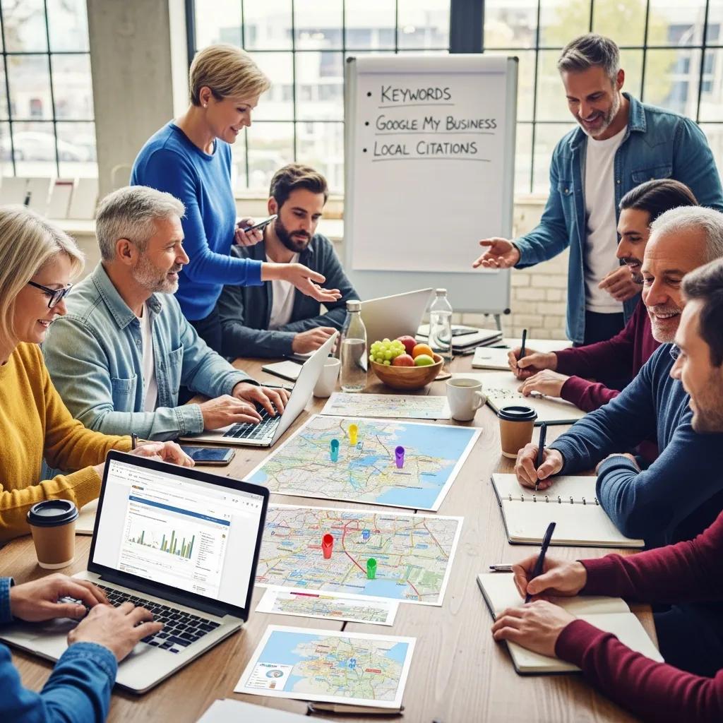 Group of local business owners collaborating on SEO strategies in a workshop, analyzing maps and discussing keywords, Google My Business, and local citations.