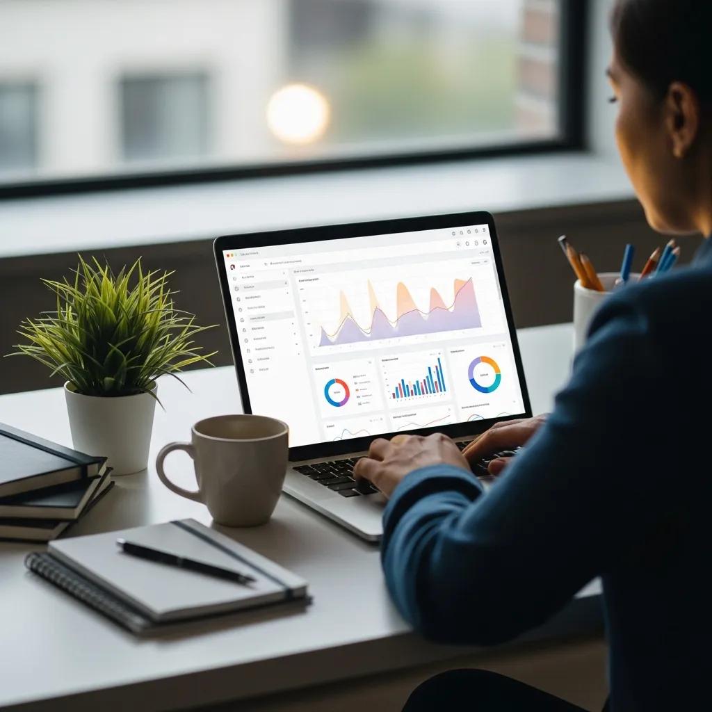 Marketer using a laptop with marketing automation software in a modern workspace