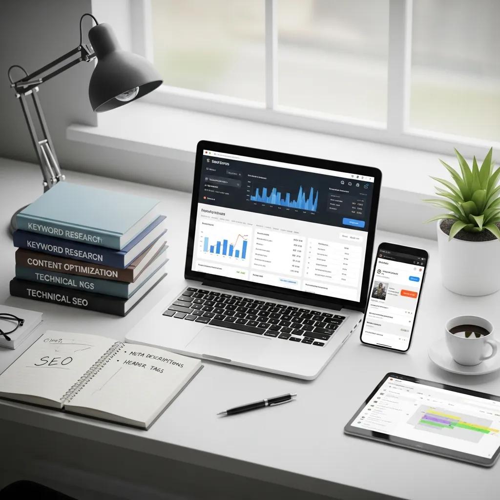 Modern workspace with laptop displaying website analytics, smartphone showing digital marketing metrics, and notebooks highlighting SEO techniques like keyword research and content optimization.