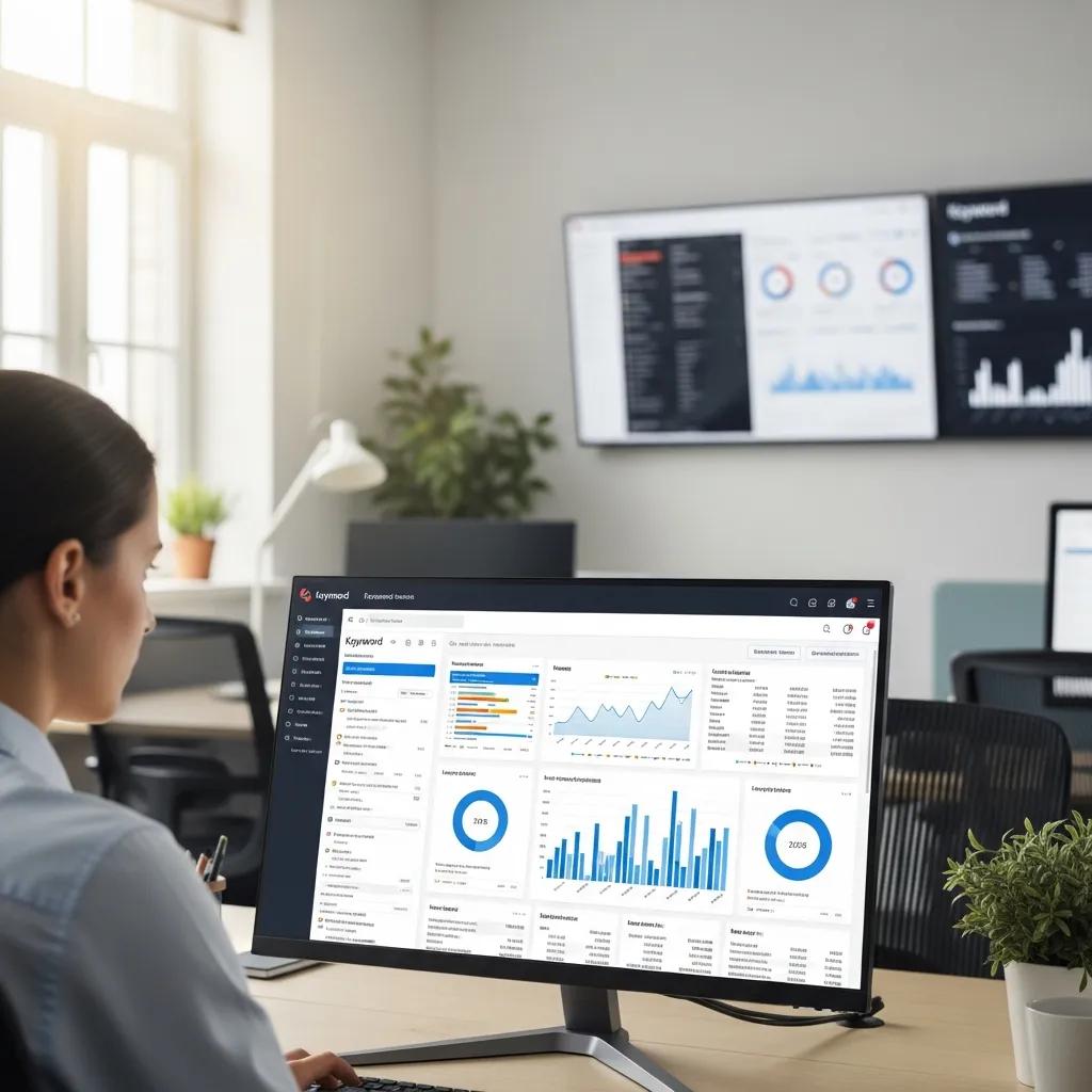 Person analyzing keyword data on a computer screen, displaying graphs and metrics related to keyword research for on-page SEO optimization.