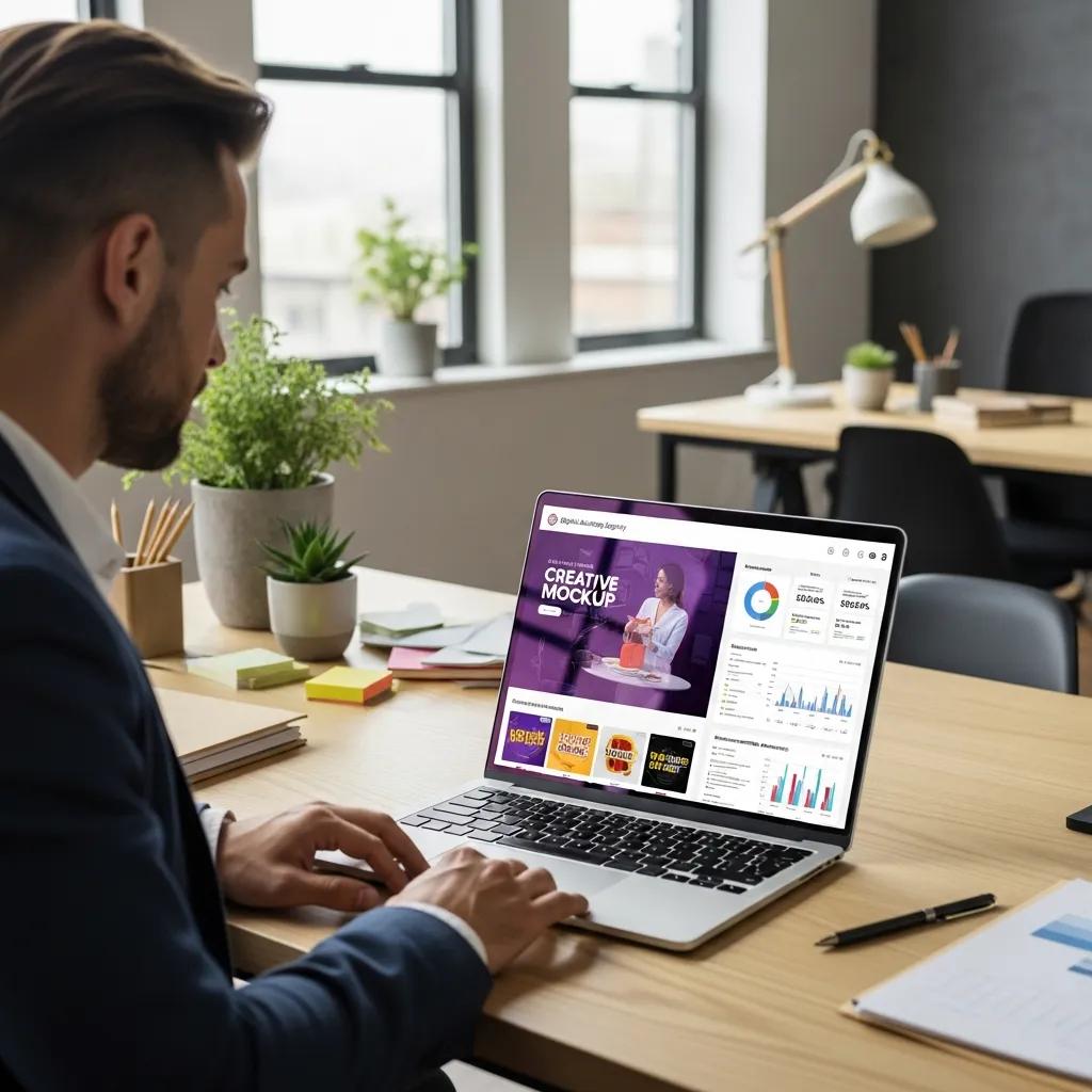 Professional reviewing digital marketing portfolio on laptop in modern office setting, showcasing creative mockup and analytics.