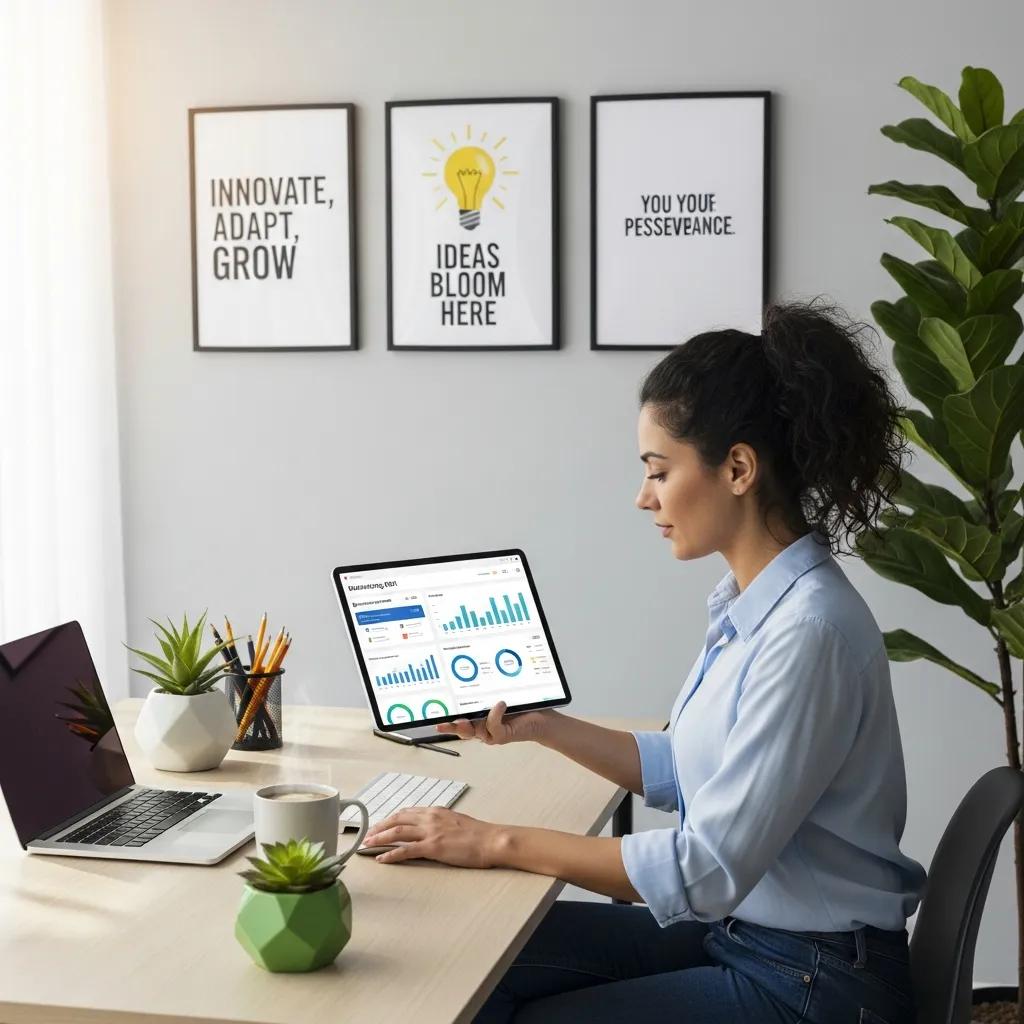 Small business owner using digital marketing analytics tools in a modern workspace