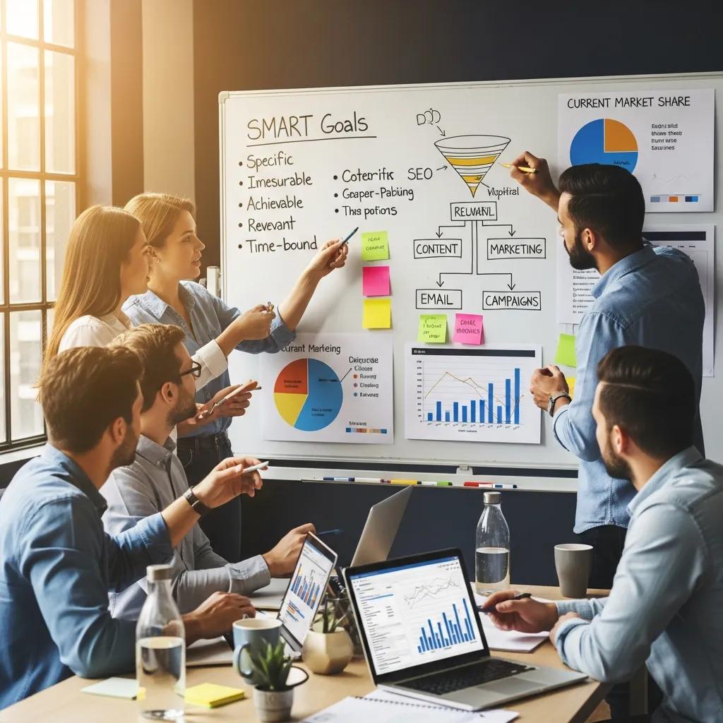 Small business team brainstorming SMART goals for digital marketing