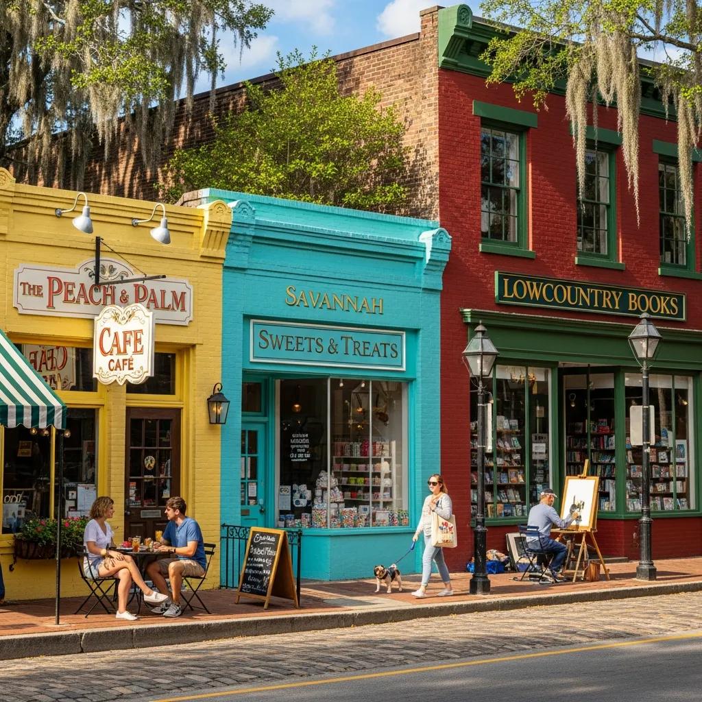 Vibrant street scene in Savannah, GA showcasing local businesses including The Peach & Palm Café, Savannah Sweets & Treats, and Lowcountry Books, with patrons dining outdoors and a passerby walking a dog.