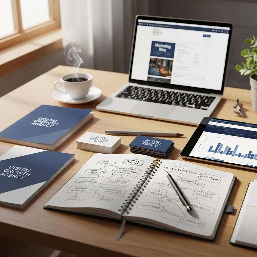 Workspace setup for digital marketing consultation featuring a laptop displaying a marketing blog, organized notebooks labeled "Digital Growth Agency," a coffee cup, and a tablet with analytics graphs, emphasizing preparation for effective marketing strategies.