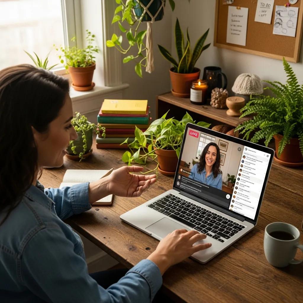 Business owner engaging with customers on social media in a cozy workspace