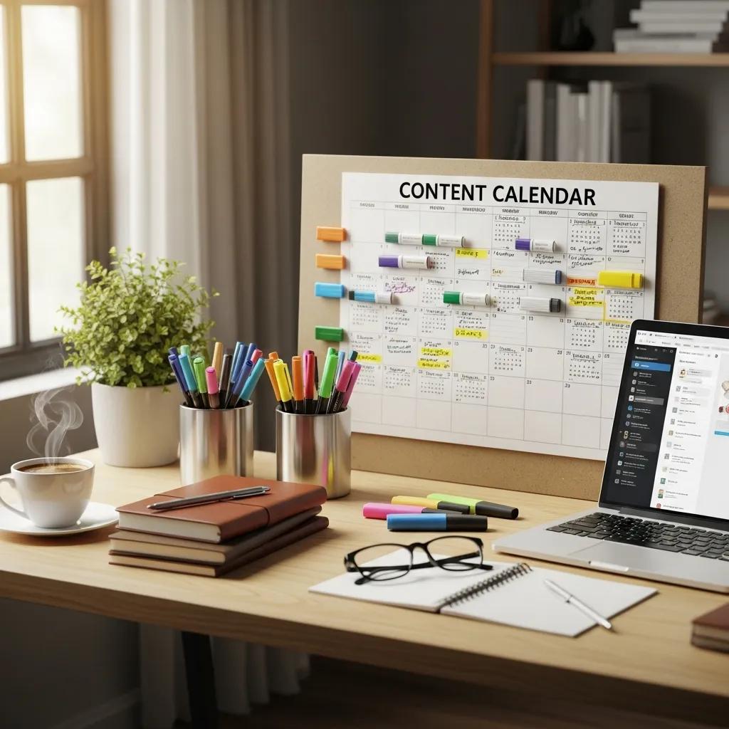 Organized content calendar on a desk with planning tools, emphasizing social media strategy