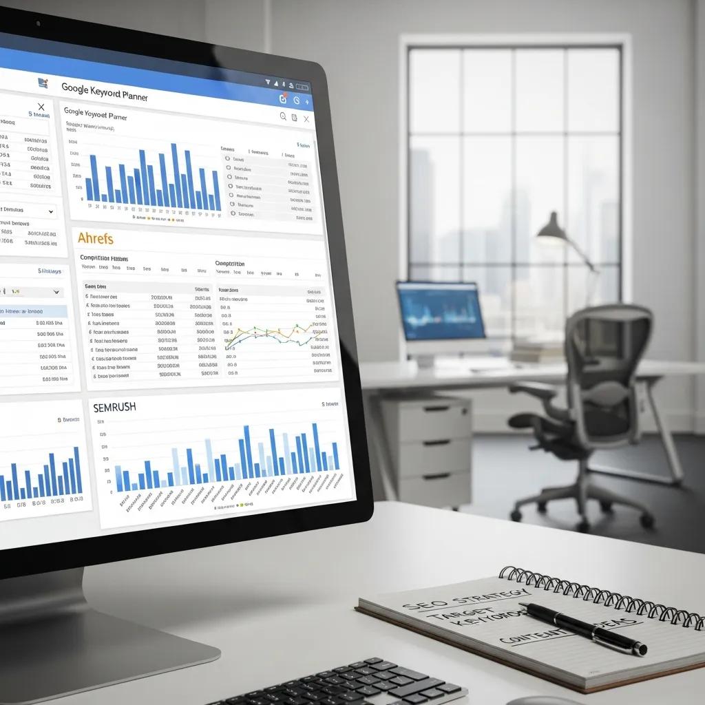 Computer screen displaying Google Keyword Planner and SEO tools in a modern office, emphasizing keyword research for on-page SEO strategies.