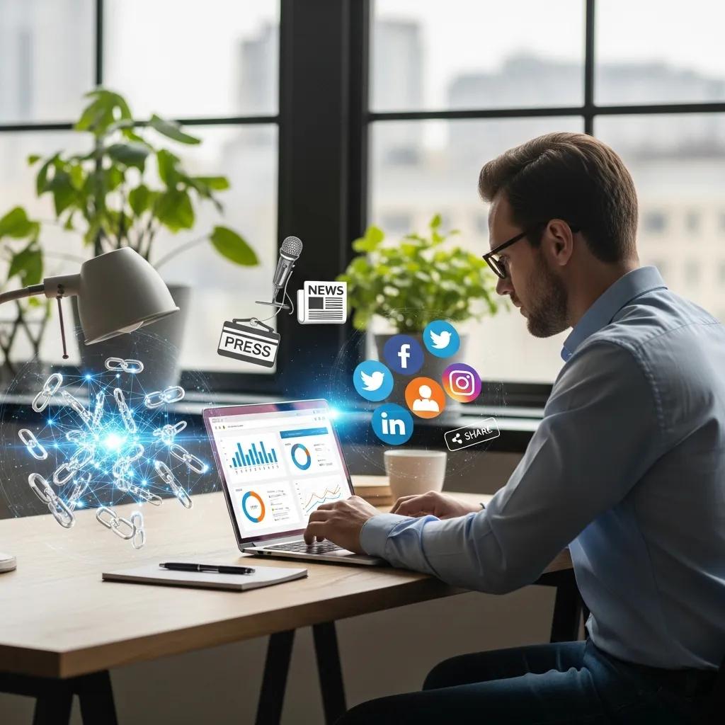 Digital marketing professional analyzing off-page SEO metrics on a laptop, with elements of link building, social media icons, and data visualization in a modern office setting.