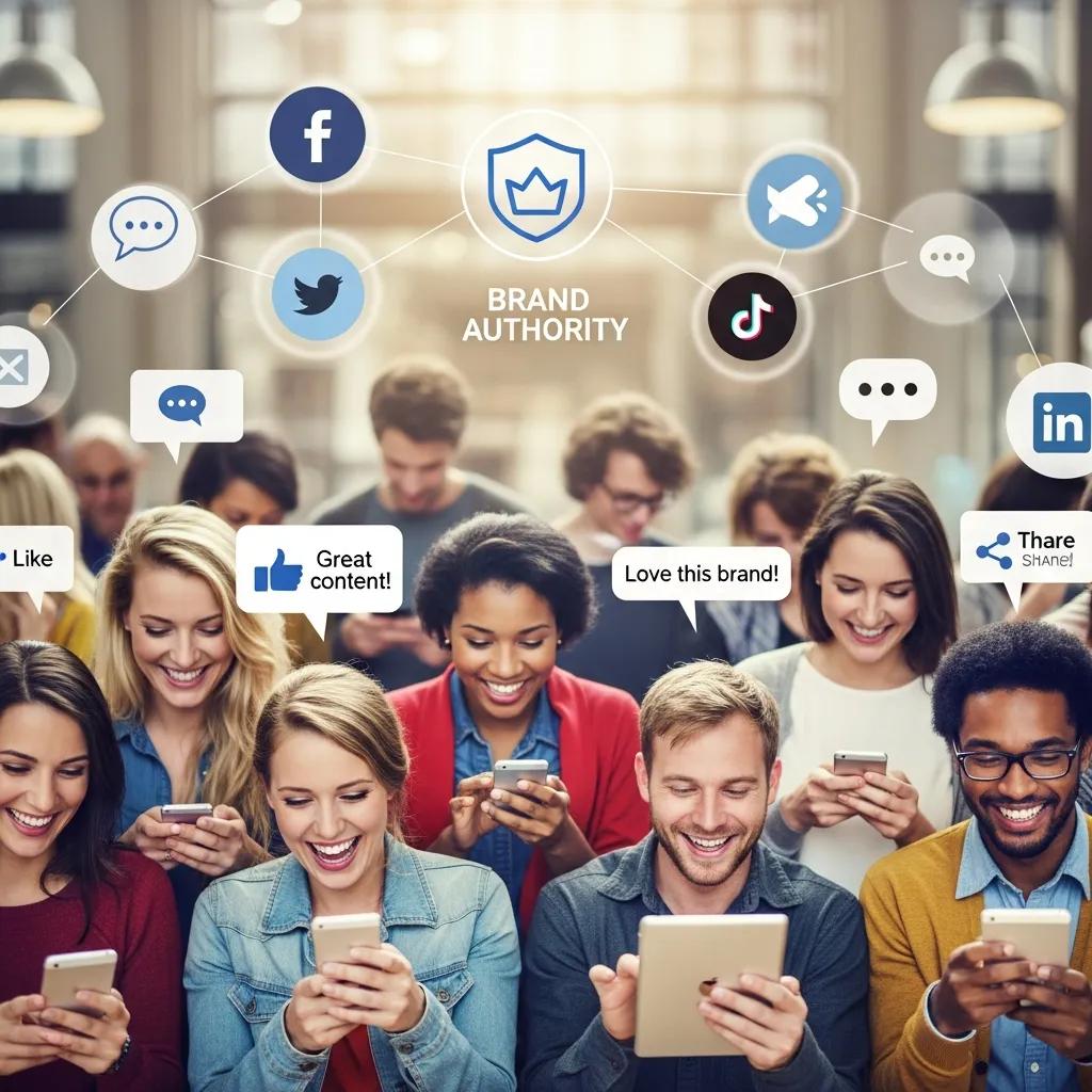 Diverse group of individuals engaging on smartphones with social media icons and positive comments, illustrating the significance of social media engagement for brand authority and online visibility.