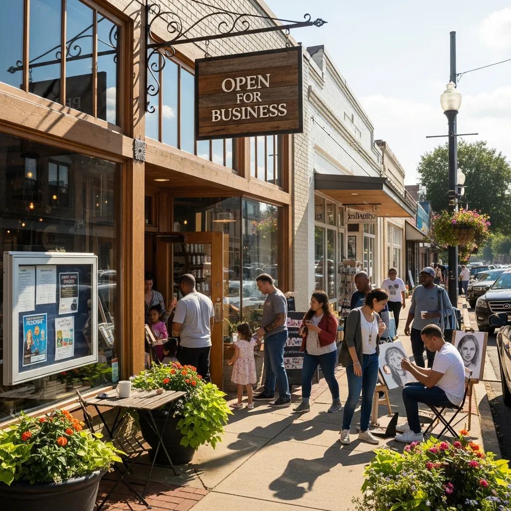 Local business storefront in Richmond Hill, GA, with "Open for Business" sign, customers engaging outside, and vibrant flower planters, illustrating community engagement and growth strategies.