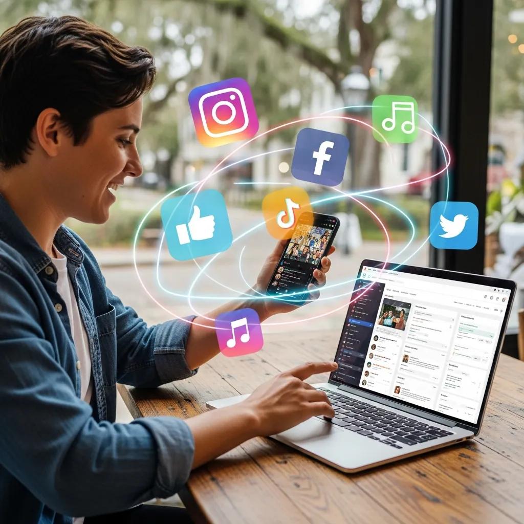 Savannah entrepreneur creating engaging social media content with a smartphone and laptop