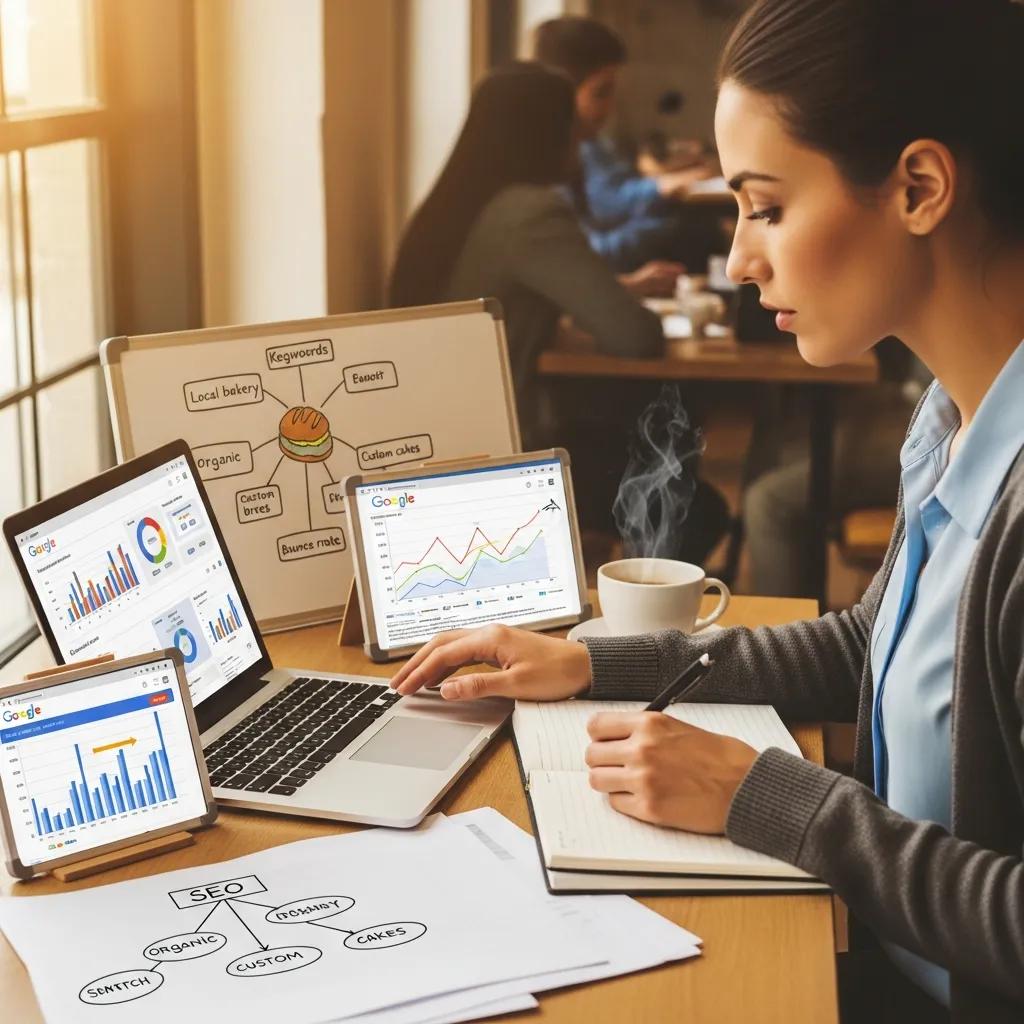 Woman analyzing website analytics on multiple devices, focusing on SEO metrics and strategies, with a notebook and coffee cup in a café setting.