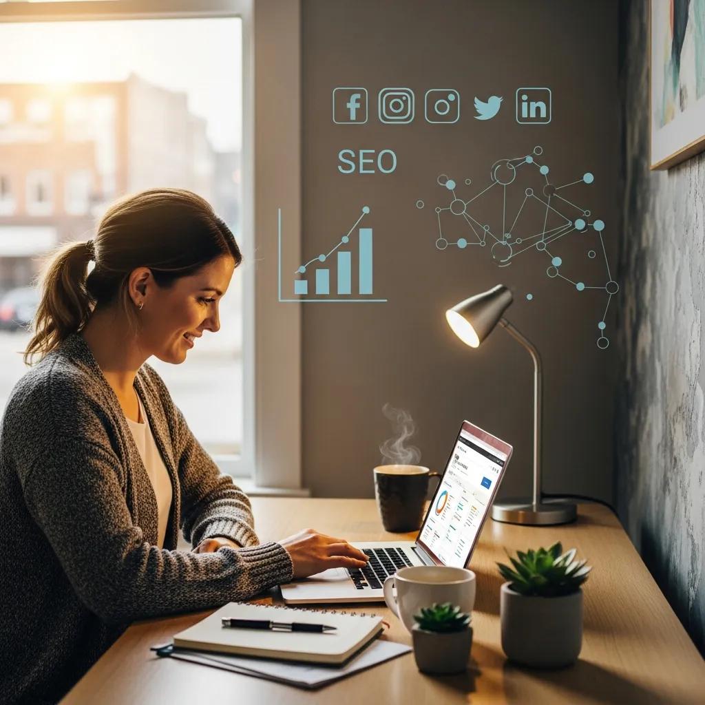 Small business owner in Richmond Hill, GA, engaged in digital marketing activities on a laptop, with SEO graphics and social media icons displayed, highlighting online visibility and customer engagement strategies.