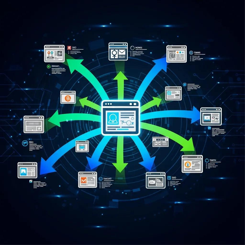 Visual representation of link building strategies with interconnected websites and arrows indicating backlinks, illustrating off-page SEO techniques for enhancing website authority and organic traffic.