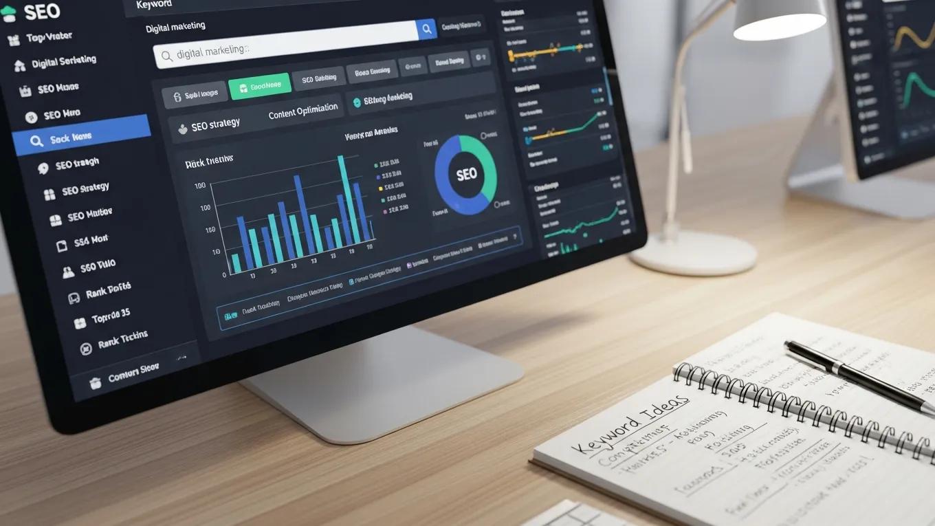 Computer screen displaying SEO tools for keyword research, featuring graphs and metrics for digital marketing strategies, with a notebook titled "Keyword Ideas" and a pen on a wooden desk.