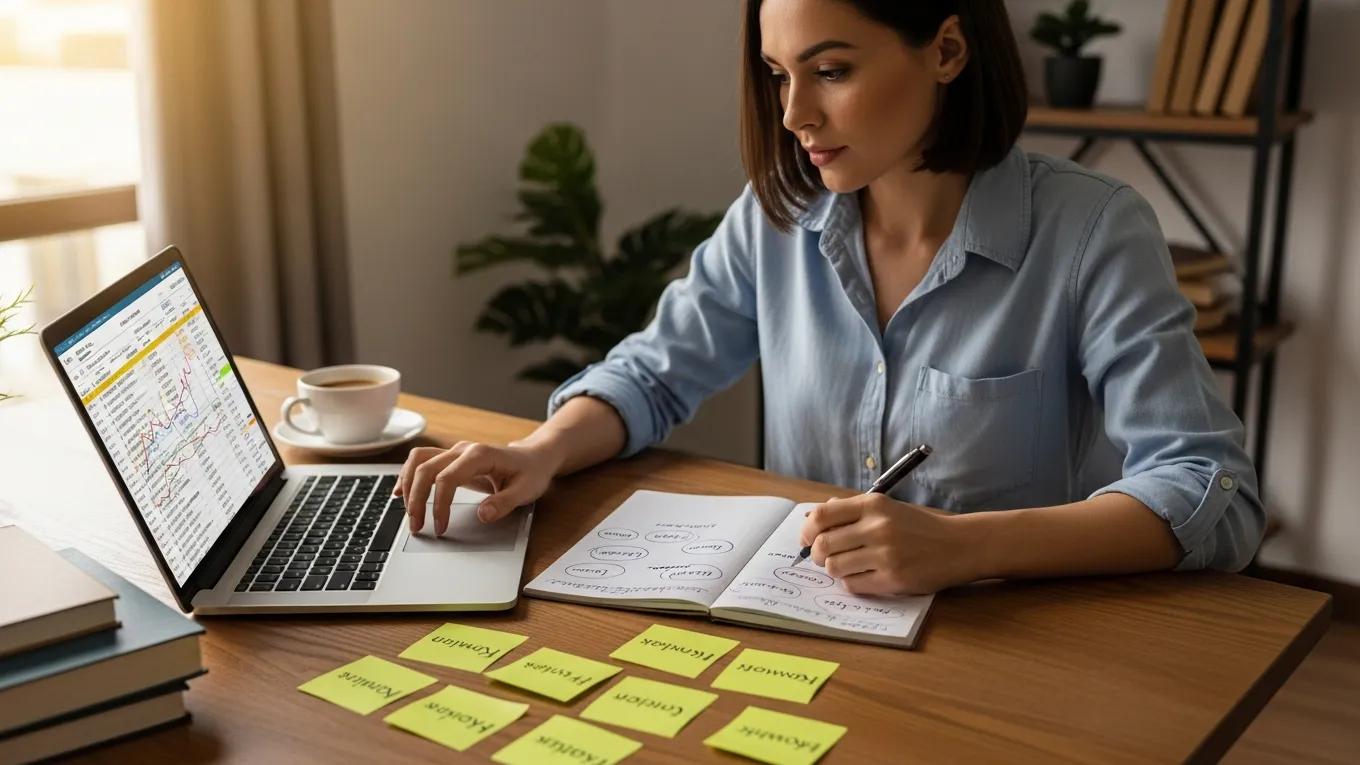 Small business owner conducting keyword research on a laptop, analyzing SEO strategies, with sticky notes labeled with relevant keywords in a cozy office setting.
