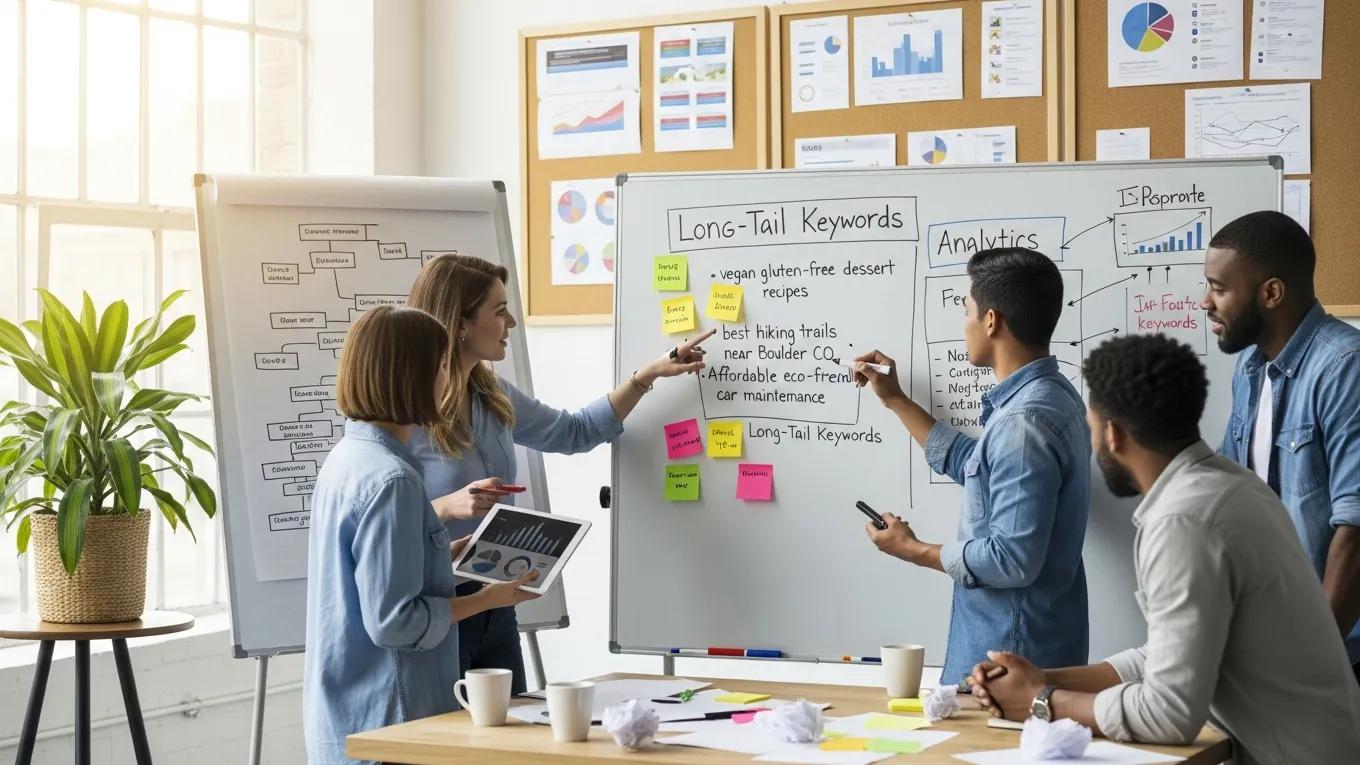 Team brainstorming long-tail keyword strategies on a whiteboard, featuring sticky notes and analytics charts, emphasizing keyword research for SEO in small businesses.