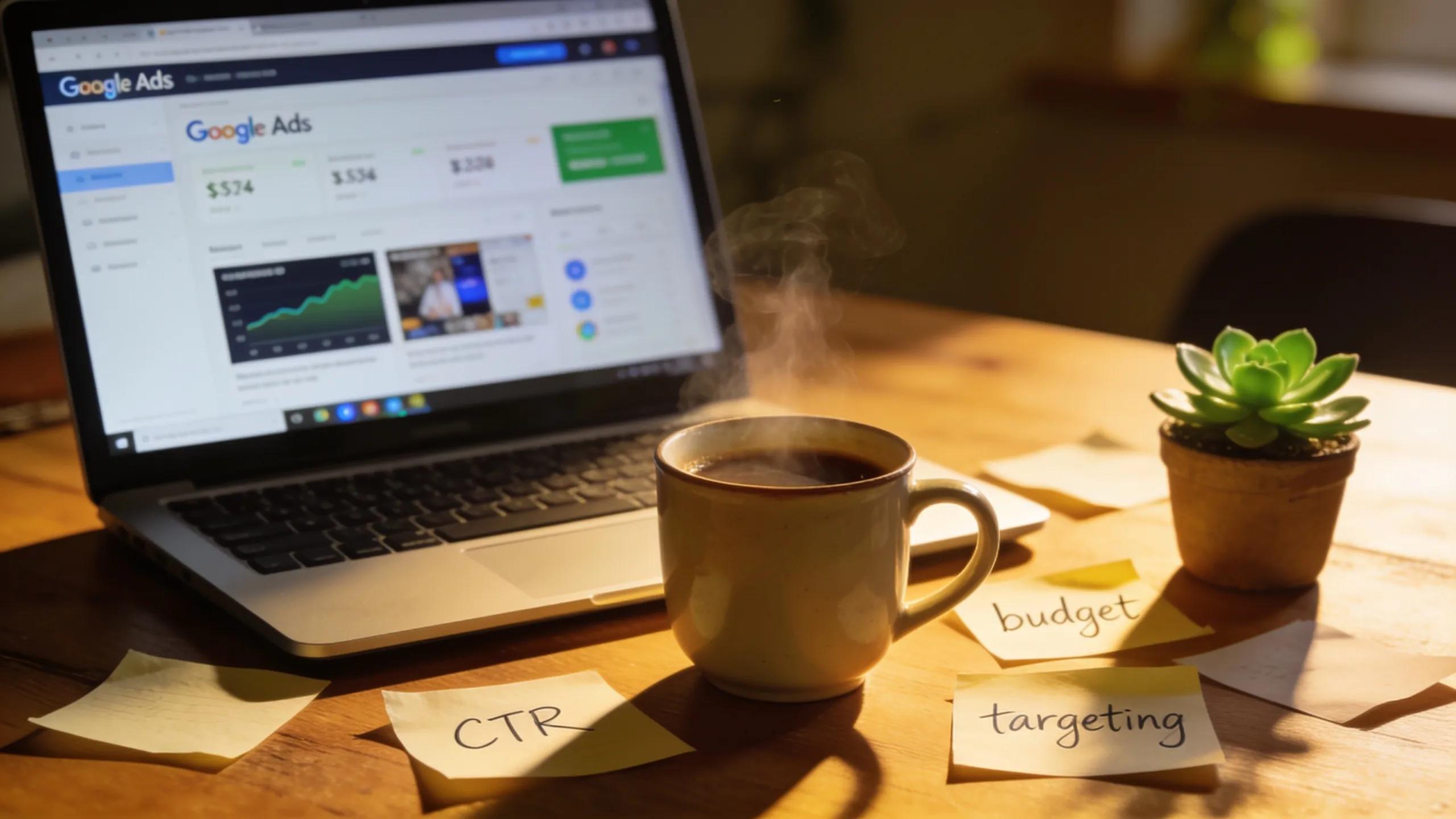 Laptop displaying Google Ads interface and campaign data, with coffee cup and budget-related keywords.