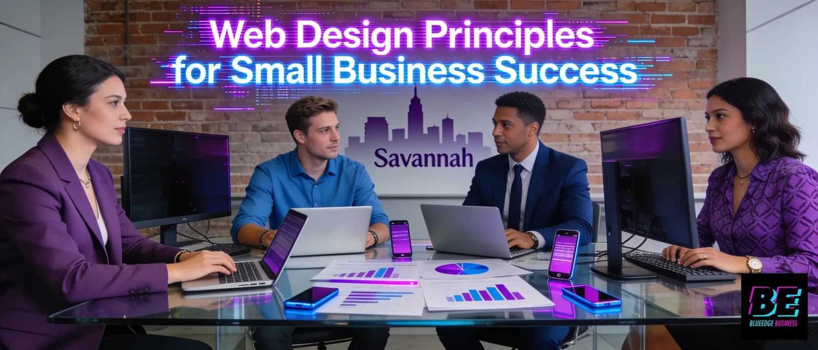Business team collaborating on web design principles for small business success in Savannah.