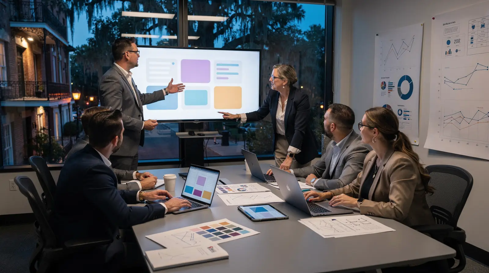 Business team reviewing web design principles and data analytics in a meeting.